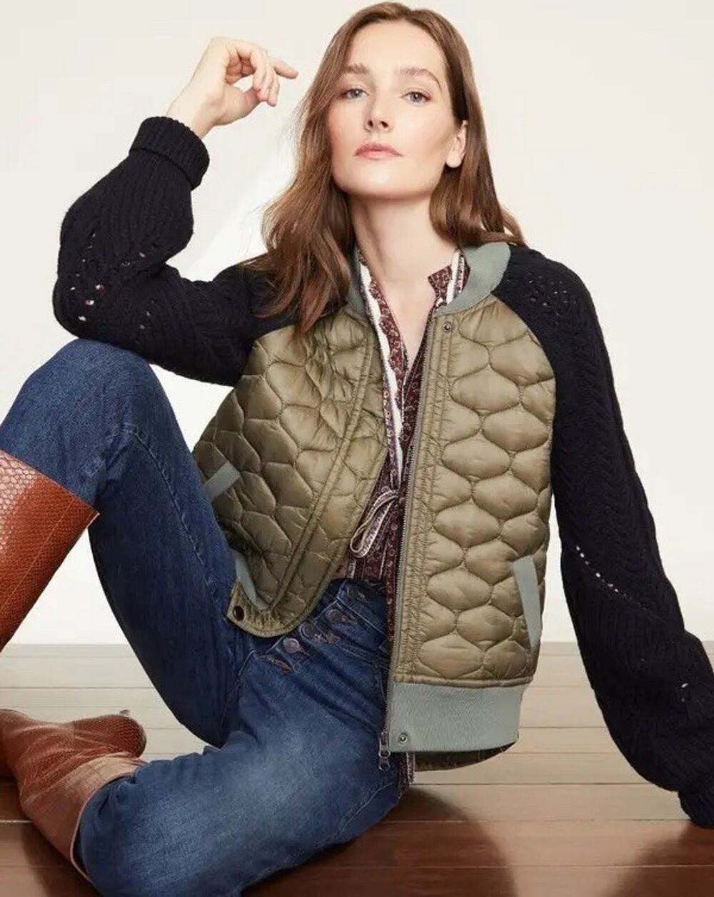 Veronica Beard Jacket Large Mixed Media Marjeti Quilted Cable Knit Olive Green